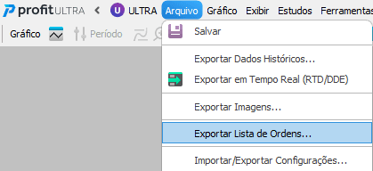Menu Arquivo com a opção Exportar Lista de Ordens